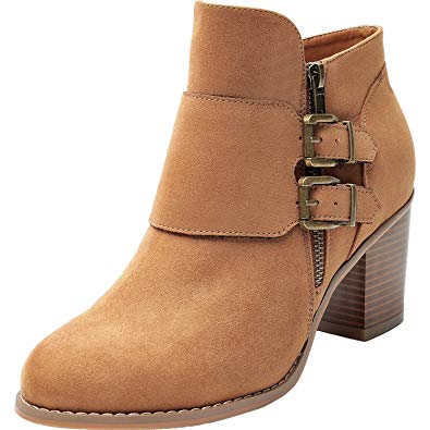 Aukusor Women's Wide Width Ankle Boots, Cozy Comfortable Mid Heel Foldover Buckle Zipper Martin Boots,Warm Ankle Booties.