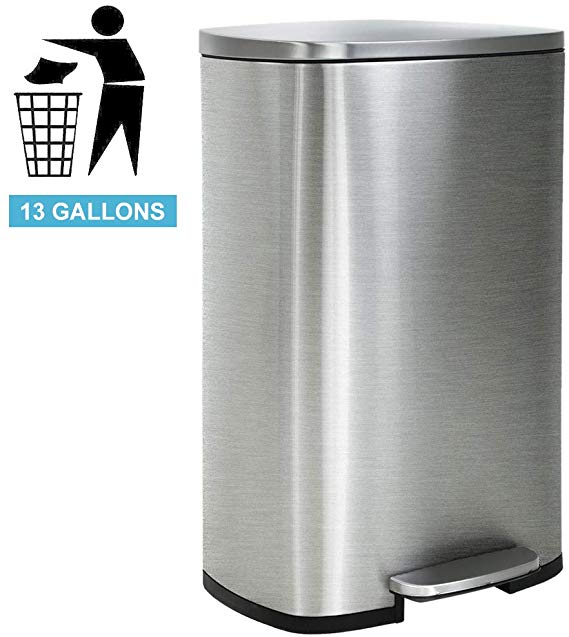 Stainless Steel Trash Can Step 13 Gallon Metal Trash Can with Lid Large Garbage Cans for Kitchen,Bathroom,Restroom Office Trash Bin Garbage Bin,Wastebasket with Pedal,Silver/Nickel