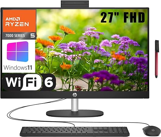 HP 2023 27 AIO 27" FHD All-in-One Desktop Computer, AMD Ryzen 5 7520U (Beat i5-1334U), 8GB LPDDR5 RAM, 512GB PCIe SSD, WiFi 6, Bluetooth 5.3, Keyboard and Mouse, Windows 11, BROAG 64GB Flash Drive