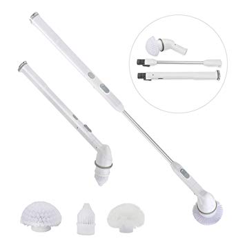 JmeGe Cordless Spin Scrubber 360 Degree Rotate Electric Cleaning Brush with 3 Replaceable Brush Heads and Extension Handle for Bathroom,Kitchen,Wall,Window(White)