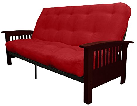 Brentwood Mission-Style 10" Loft Inner Spring Futon Sofa Sleeper Bed, Queen-size, Mahogany Arm Finish, Microfiber Suede Cardinal Red Upholstery
