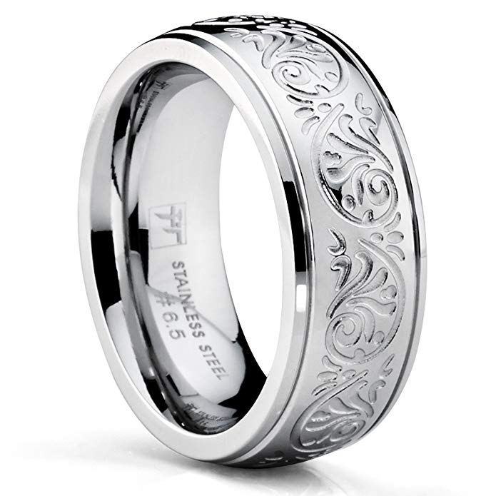 Bonndorf 7MM Stainless Steel Ring with Engraved Florentine Design Sizes 4 to 13