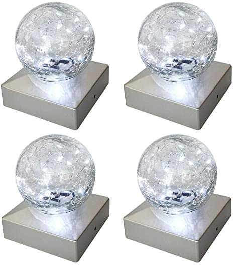 Solar Post Lights - Outdoor Post Cap Light for Fence Deck or Patio Garden Decoration- Solar Powered Gazing Ball Caps, LED Lighting, Lamp Fits 4x4 - White 4 Pack