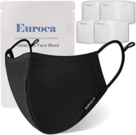 Euroca 4 Layers Face Masks Reusable Washable Made from Cotton Fabric with Nose Clip Adjustable Ear Loop for Men Women Teens- 4 Filters Included (Black)