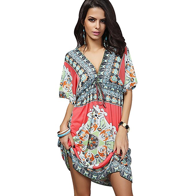 Oryer Womens V-neck Swimwear Cover-up Bathing Suit Beach Dress Loose Cover Ups