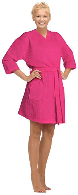 Turkish Linen Women's Knee Length Waffle Weave Kimono Bathrobe, Short Spa Robes