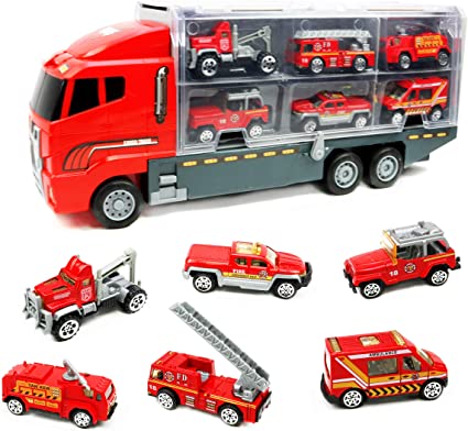 Smart Novelty Die Cast Emergency Trucks Vehicles Toy Cars Play Set in Carrier Truck - 7 in 1 Transport Truck Emergency Car Set for Kids Gifts (Fire Vehicle Set)
