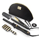 Hairmosa Perfect Kit - Includes Auto Rotating Curling Wand Titanium 1 Flat Iron Travel Bag Plates Guard Hair Brush Section Clips  day-off Ring