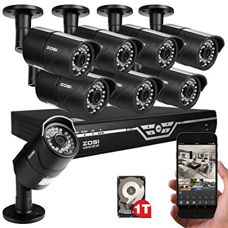 ZOSI 8-Channel 720P Video Security System DVR recorder with 8x HD 1280TVL Indoor/Outdoor Weatherproof CCTV Cameras 1TB Hard Drive ,100ft Night Vision ,Motion Alert, Smartphone& PC Easy Remote Access