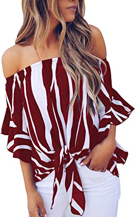 Asvivid Womens Striped Printed Off The Shoulder Tops 3 4 Flared Bell Sleeve Blouses Summer Tie Knot T-Shirt