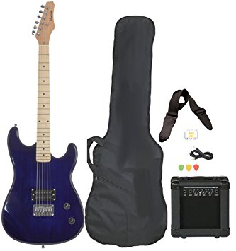 Davison Guitars Full Size Black Electric Guitar with Amp, Case and Accessories Pack Beginner Starter Package Blue Right Handed