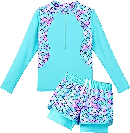 TFJH E 2PCS Girls Long Sleeve Swimsuit UV 50  Rashguard Tankini Set Kids Swimwear Zipper 3-12Y