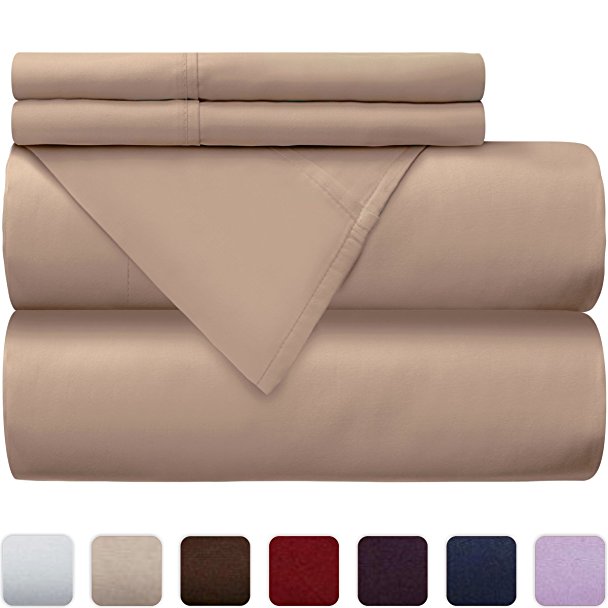 Mellanni 100% Cotton Bed Sheet Set - 300 Thread Count Sateen Weave - Natural, Soft, Deep Pocket Quality Luxury Bedding - 4 Piece (King, Beige)
