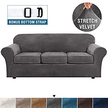 H.VERSAILTEX Modern Velvet Plush 4 Piece High Stretch Sofa Slipcover Strap Sofa Cover Furniture Protector Form Fit Luxury Thick Velvet Sofa Cover for 3 Cushion Couch, Machine Washable(Sofa,Gray)