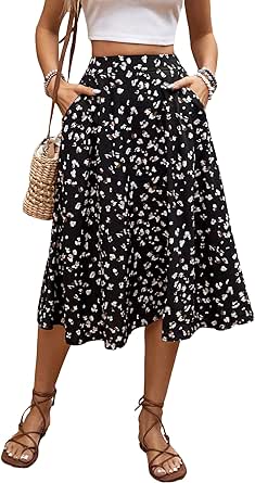 Milumia Women's Boho Floral Print High Waist A Line Ruffle Pleated Flowy Midi Skirts