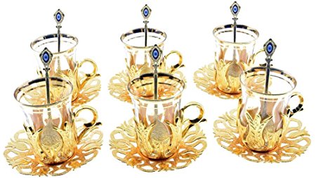 (CHOOSE YOUR SET) 6 X Turkish Style Tea Glasses with Holders Lids and Saucers Set,100 ml (Gold with Holder)