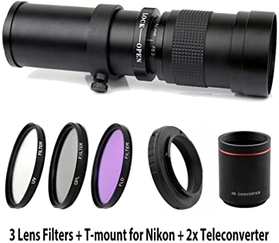 Lightdow 420-1600mm F/8.3-16 Super Telephoto Manual Zoom Lens   67mm UV/CPL/FLD Filter Kit for Nikon D850, D810, D800, D750, D700, D610, D3100, D3200, D3300, D3400, D5100, D5200, D5300, D5500, D5600