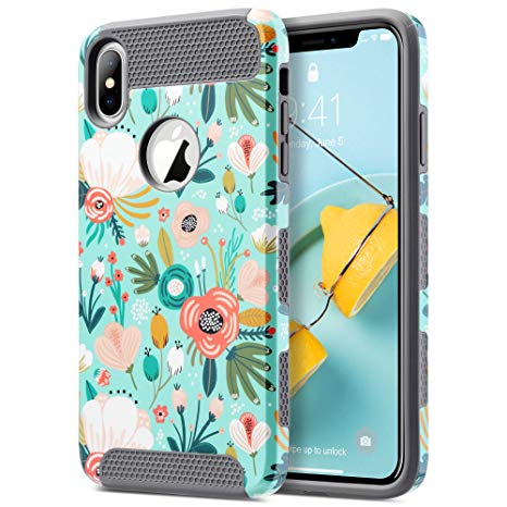 ULAK iPhone Xs Max Case, Slim Shockproof Protective Hybrid Scratch Resistant Hard Back Cover Shock Absorbent TPU Bumper Case for iPhone Xs Max 2018 (Mint Floral)