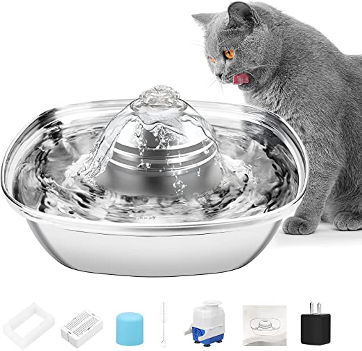 Esimen Cat Water Fountain, Stainless Steel Pet Fountain, Filterable Ultra-Quiet Cat and Dog Drinking Fountain, 88Oz/2.6L Large Capacity Pet Water Station, 360° Automatic Pets Fountain (Square)