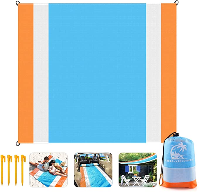 Beach Blanket Large Foldable Sand Proof Picnic Blanket Compact for 7 Persons Water Proof and Quick Drying Beach Mat, 79″×83″