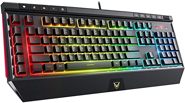 PICTEK RGB Gaming Keyboard–6X Programmable Keys, Mechanical Feeling Keyboard with Ergonomic Wrist Rest, 10 Independent Multimedia Keys & Volume Adjust Wheel, Splash-Proof, Ideal for PC Gamer Computer