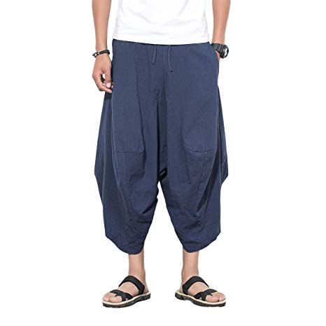 INVACHI Men's Elastic Waist Wide Leg Cotton Harem Baggy Pants Patchwork Linen Capri Trousers Available XS-4XL