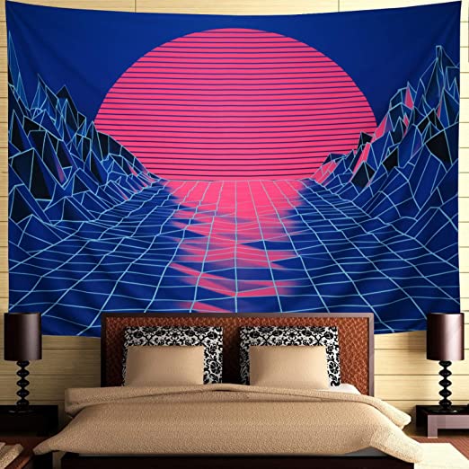 Ameyahud Sun Tapestry Mountain Tapestry Abstract Sketch Mountain River Tapestry Sunset Afterglow Landscape Tapestry for Bedroom (W78.8 × H59.1)