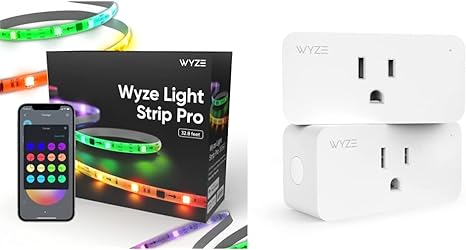 WYZE Light Strip Pro, 32.8ft WiFi LED Strip Lights, Multi-Color Segment Control, 16 Million Colors RGB, Kitchen, TV, Party, Works with Alexa and Google & Plug, 2.4GHz WiFi Smart Plug, Two-Pack, White