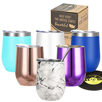 Wine Tumbler Vacuum Insulated Stemless - Markline 12 oz Triple Wall Insulated Stainless Steel Wine Glasses with Lid and Straw, Keep Cold or Hot for Wine, Coffee, Cocktails and Drinks, White Marble