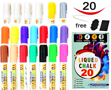 20 Pcs Liquid Chalk Markers Pack - 14 liquid chalk color - 4 liquid chalk white - 1 Gold - 1 Silver - Non Toxic - Liquid Chalk Pens