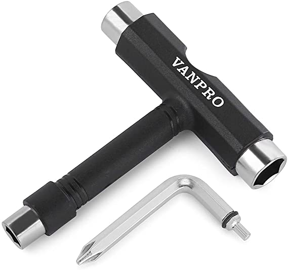 Vanpro All-in-One Skate Tools Multi-Function Portable Skateboard T Tool Accessory with T-Type Allen Key and L-Type Phillips Head Wrench Screwdriver