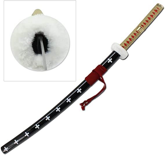 Japanese Anime Surgeon Law Sword - Red & Black w Crosses, Fluffy White Tsuba