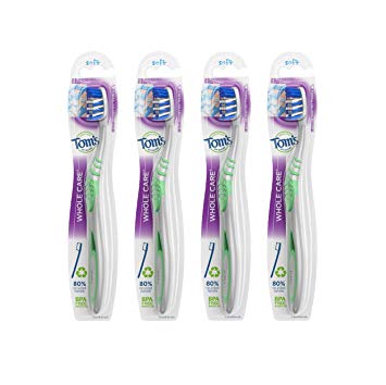 Tom's of Maine Whole Care Toothbrush, Toothbrushes, Natural Toothbrush, Soft Single, 4-Pack