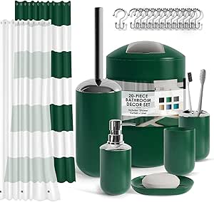 Clara Clark Bathroom Set - Green Bathroom Accessories Set, 20PC Bathroom Accessory Set, Shower Curtain Set with Liner, Toothbrush Holder, Soap Dispenser, Soap Dish, Toilet Brush Holder, and Trash Can