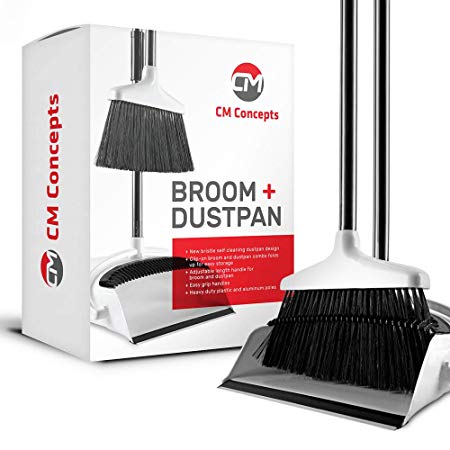 Broom and Dustpan Set with Self Cleaning Bristles, Upright Stand Up Long Handle Floor Brush   Angle Dust Pan Combo for Indoor/Outdoor Sweeping
