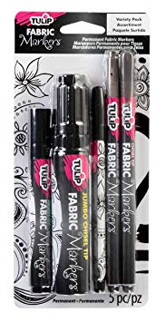 Tulip Permanent Nontoxic Fabric Markers 5 Pack Variety Pack - Brush Tip, Bullet Tip, Chisel Tip, Extra Fine Tip, Child Safe, Minimal Bleed & Fast Drying - Premium Quality for T-shirts, Clothes, Shoes, Bags & Other Fabric Materials
