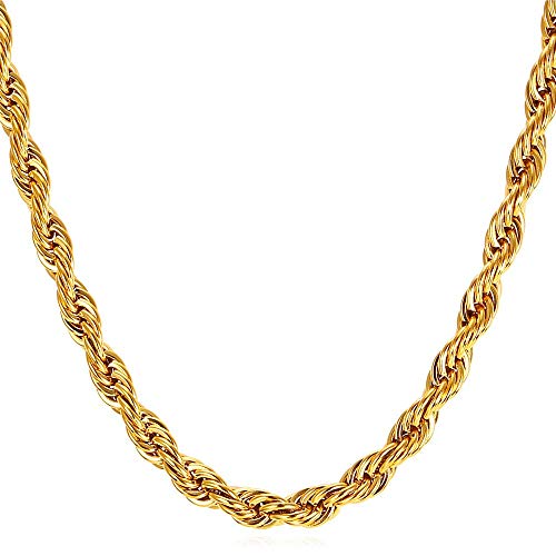 U7 Chain Pendant 3mm-9mm Wide Womens Mens Stainless Steel/18K Gold Plated/Black Gun Twisted Rope Chain Necklace,18"-30" Long