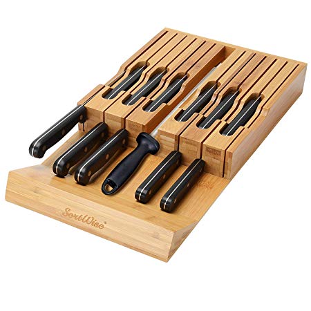 SortWise™ in-Drawer Bamboo Knife Block Holds 12 Knives (Not Included) Without Pointing Up Plus a Slot, Home Kitchen Knife Holder Organizer