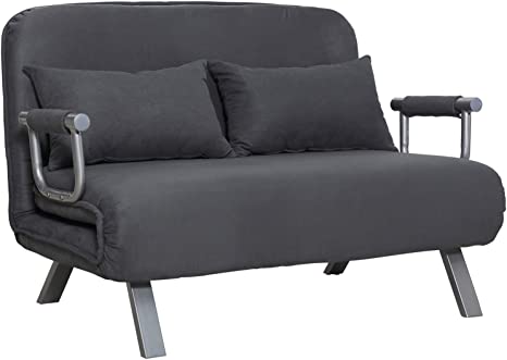 HOMCOM Canapé-lit canapé Convertible 2 Places déhoussable Grand Confort 2 Coussins fournis Pieds accoudoirs métal suède Gris foncé