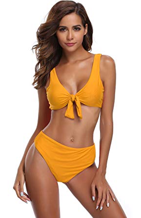 SHEKINI Women Swimwear Tie Knot Top High Waisted Thong Bottom Halter Bikini Set Swimsuit Two Piece