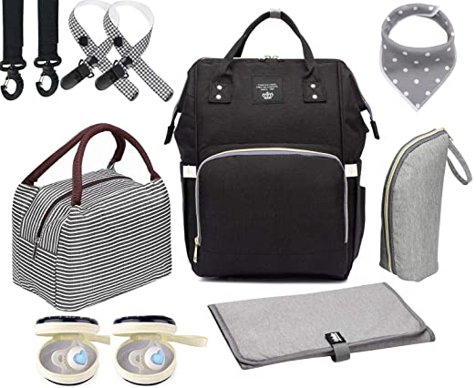 Diaper Bag Set, Backpack   Lunch Bag   Changing Pad   Insulated Pockets   2 Pacifier Clips   2 Pacifier Case   2 Stroller Straps, Multi-Function Waterproof Maternity Nappy Bags (Black Set)
