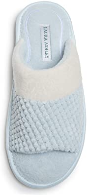 Laura Ashley Spa Texture Open Toe Plush Fleece House Slippers with Collar and Memory Foam, Ladies Easy Slip on Soft Cozy Warm Indoor Outdoor Use