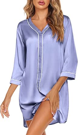 Ekouaer Satin Button Down Nightgown Women 3/4 Sleeve Silk Sleepshirt V-Neck Boyfriend Nightshirt S-XXL