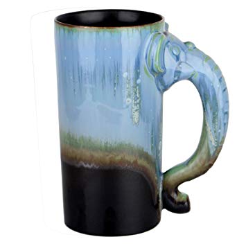 36 Ounce Extra Large Coffee Mug Handmade Pottery Giant - Funny 3D Elephant Trunk Shaped Handle - Huge Jumbo Ceramic Tea Cup Oversized by Oojdzoo(Matte Black with Blue Glaze)