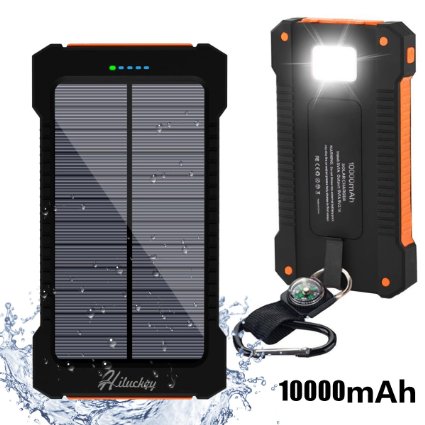 Solar Charger, Hiluckey 10000mAh Dual USB Solar Panel Portable Battery Charger, Solar Power Bank with LED Flashlight for iPhone, Android Smart Phone and Tablets (Waterproof & Dust-proof & Shock-resistant)