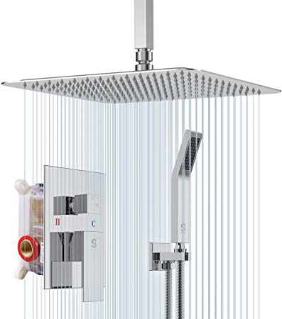 SR SUN RISE 12 Inches Ceiling Mounted Shower System CA-C1203 Rain Mixer Shower Faucet Set Ceiling Install Rainfall Shower Head Faucet Polished Chrome. Contain Shower Valve Body and Trim Kit