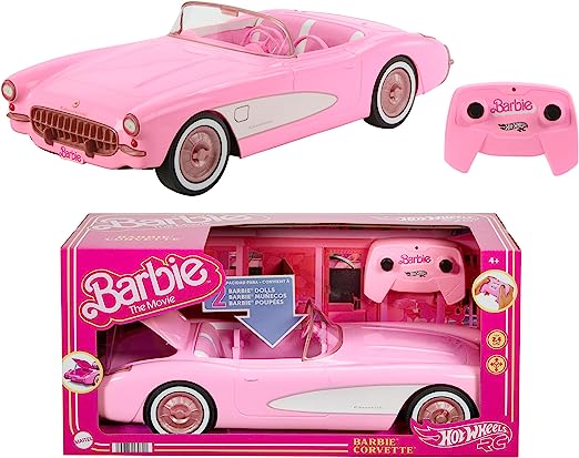 Hot Wheels RC Barbie Corvette, Battery-Operated Remote-Control Toy Car from Barbie The Movie, Holds 2 Barbie Dolls, Trunk Opens for Storage