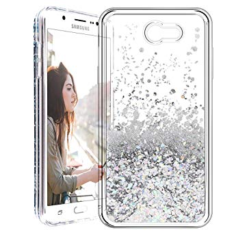 Galaxy J7 2017 Case, Caka [Liquid Series] Glitter Bling Flowing Floating Luxury Liquid Sparkle TPU Bumper Case for Samsung Galaxy J7 Sky Pro/Prime/J7 V/J7 Perx/Halo/2017(AT&T) - (Silver)