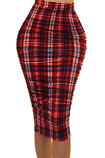 Vivicastle Women's USA Ruched Frill Ruffle High Waist Pencil Mid-Calf Skirt