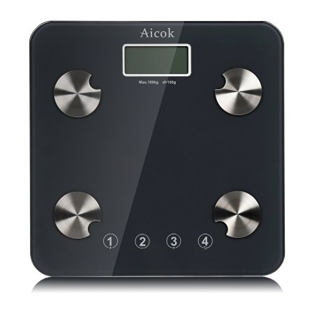 Aicok Digital Body Fat Scale with Step-on Technology, Tempered Glass Platform, Measures Weight, Body Fat, Water, Muscle and Bone Mass Bathroom Weight Scale